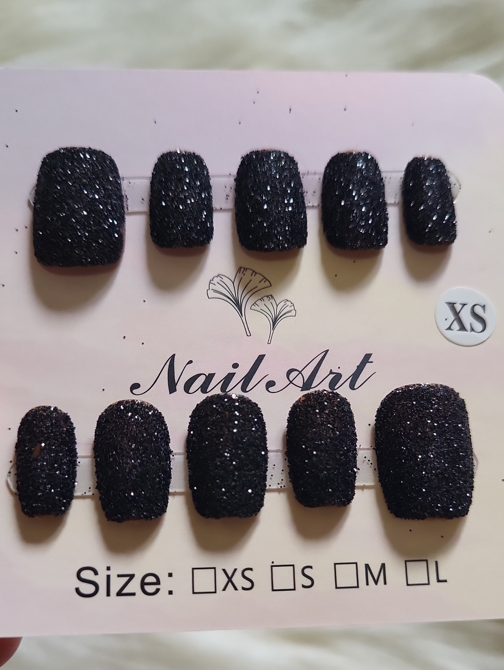 (XS)🎀Handmade Nail Art Short Square Blingy Black Velvet Press On Nails